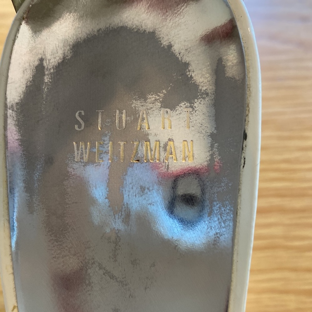 STUART WEITZMAN High Heel Patent White & Silver Ankle Strap Sandals Sz 8-1/2M - Picture 6 of 13